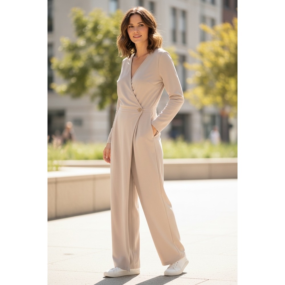 #117 HALARA Jumpsuit sz. Medium Beige New Wrap Long Sleeve Wide Leg Pockets